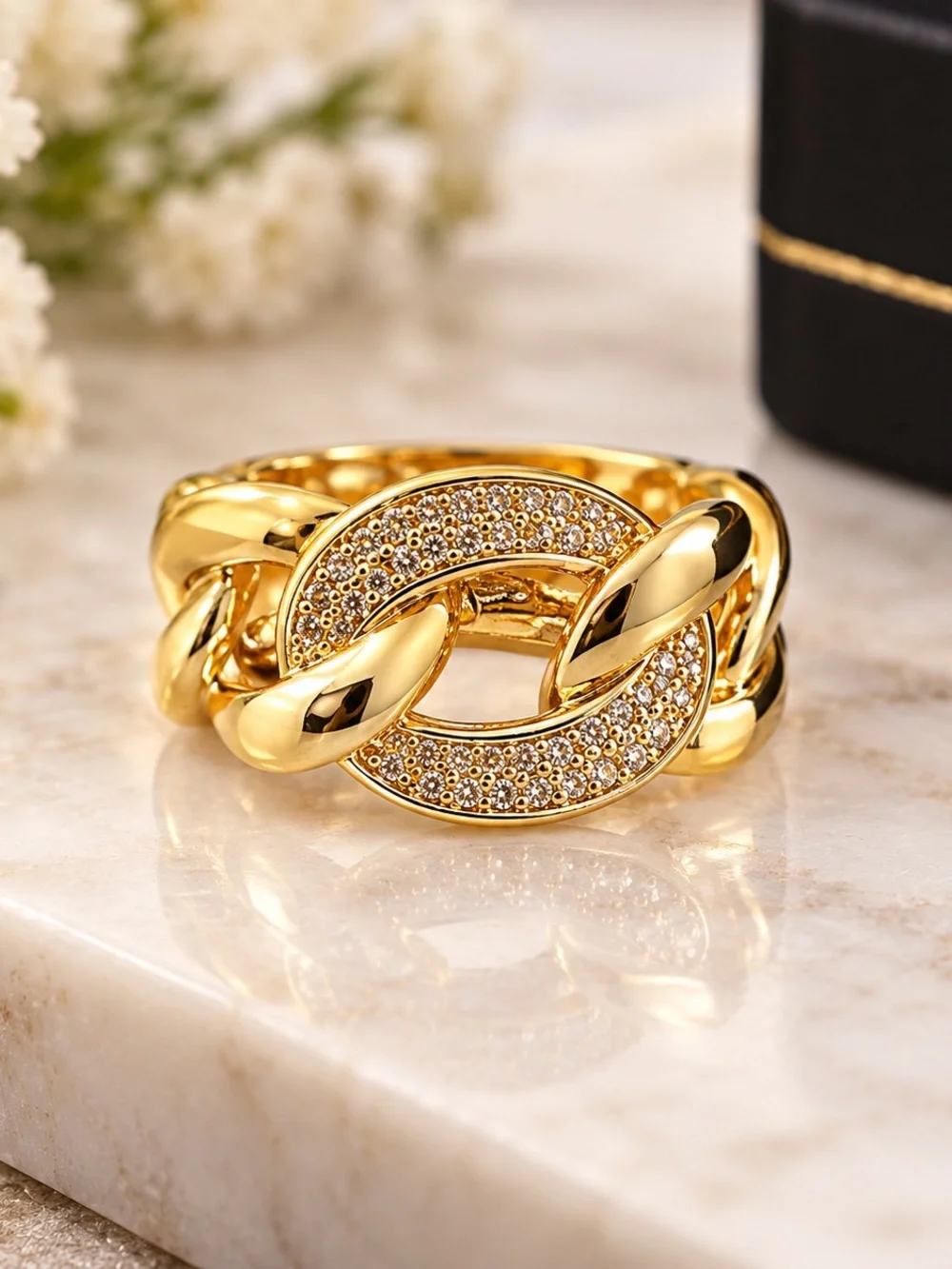 14K Gold Filled Men’s and Women’s Cuban Link Ring with Pavé Stones. Size 9.